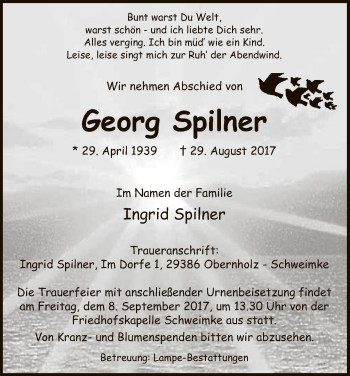 Traueranzeige von Georg Spilner von Uelzen