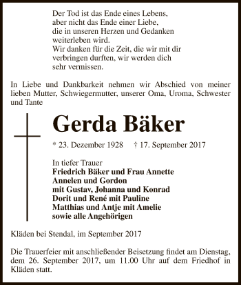 Traueranzeige von Gerda Bäker von Uelzen