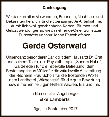 Traueranzeige von Gerda Osterwald von Uelzen