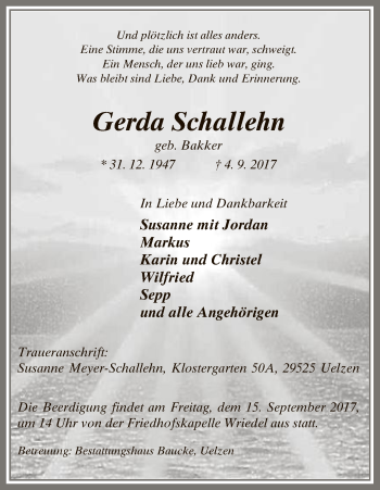 Traueranzeige von Gerda Schallehn von Uelzen