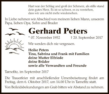 Traueranzeige von Gerhard Peters von Uelzen