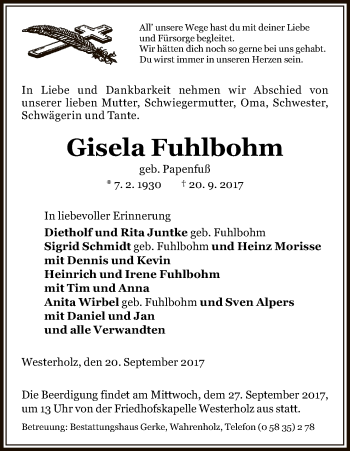 Traueranzeige von Gisela Fuhlbohm von Uelzen