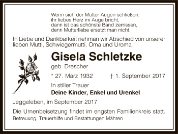 Traueranzeige von Gisela Schletzke von Uelzen