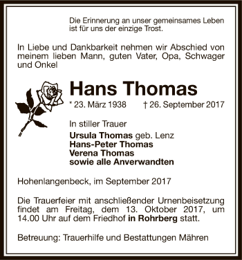 Traueranzeige von Hans Thomas von Uelzen