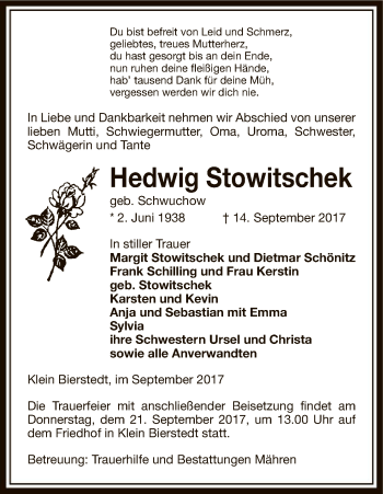 Traueranzeige von Hedwig Stowitschek von Uelzen