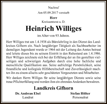 Traueranzeige von Heinrich Williges von Uelzen