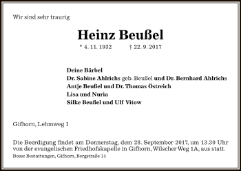 Traueranzeige von Heinz Beußel von Uelzen