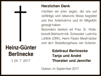 Traueranzeige von Heinz-Günter Berlinecke von Uelzen