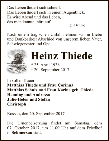 Traueranzeige von Heinz Thiede von Uelzen