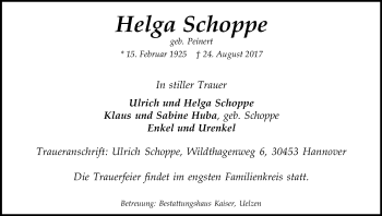 Traueranzeige von Helga Schoppe von Uelzen