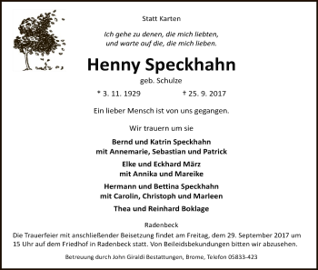 Traueranzeige von Henny Speckhahn von Uelzen