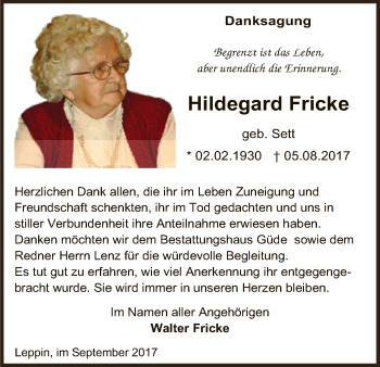 Traueranzeige von Hildegard Fricke von Uelzen