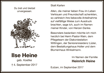 Traueranzeige von Ilse Heine von Uelzen