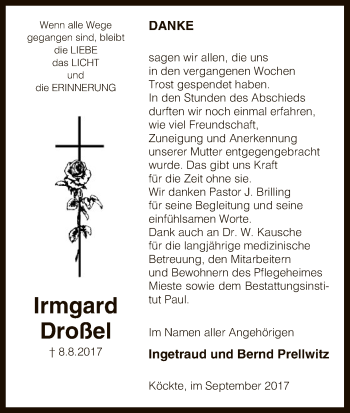 Traueranzeige von Irmgard Droßel von Uelzen