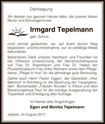 Traueranzeige von Irmgard Tepelmann von Uelzen