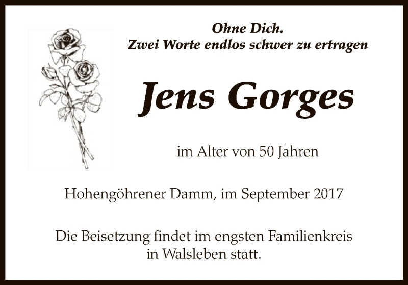  Traueranzeige für Jens Gorges vom 12.09.2017 aus Uelzen