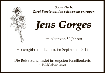 Traueranzeige von Jens Gorges von Uelzen