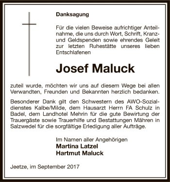 Traueranzeige von Josef Maluck von Uelzen