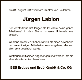 Traueranzeige von Jürgen Labion von Uelzen