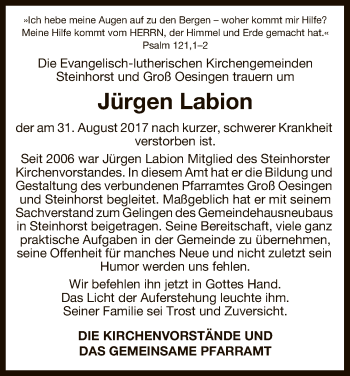 Traueranzeige von Jürgen Labion von Uelzen