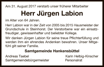 Traueranzeige von Jürgen Labion von Uelzen