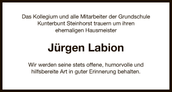 Traueranzeige von Jürgen Labion von Uelzen