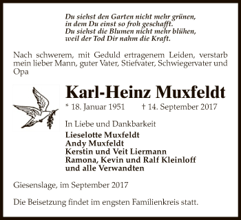 Traueranzeige von Karl-Heinz Muxfeldt von Uelzen