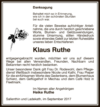 Traueranzeige von Klaus Ruthe von Uelzen