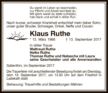 Traueranzeige von Klaus Ruthe von Uelzen