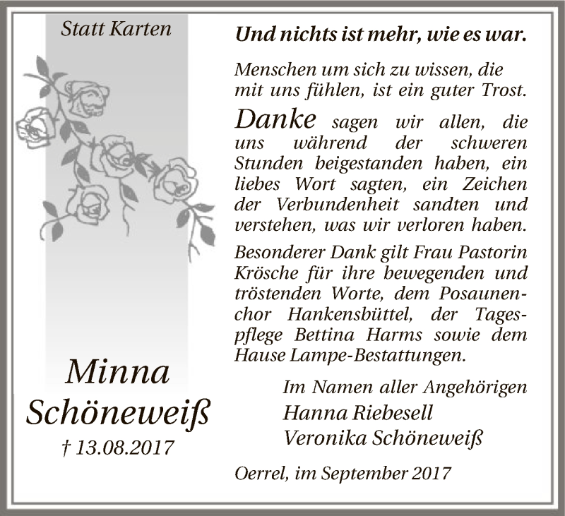  Traueranzeige für Minna Schöneweiß vom 15.09.2017 aus Uelzen