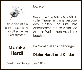 Traueranzeige von Monika Hardt von Uelzen