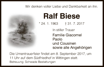 Traueranzeige von Ralf Biese von Uelzen