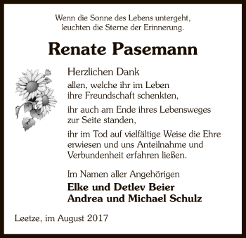 Traueranzeige von Renate Pasemann von Uelzen