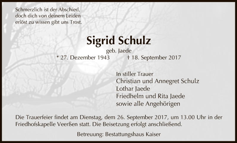  Traueranzeige für Sigrid Schulz vom 23.09.2017 aus Uelzen