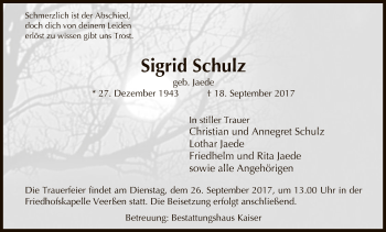 Traueranzeige von Sigrid Schulz von Uelzen