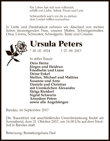 Traueranzeige von Ursula Peters von Uelzen