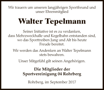 Traueranzeige von Walter Tepelmann von Uelzen