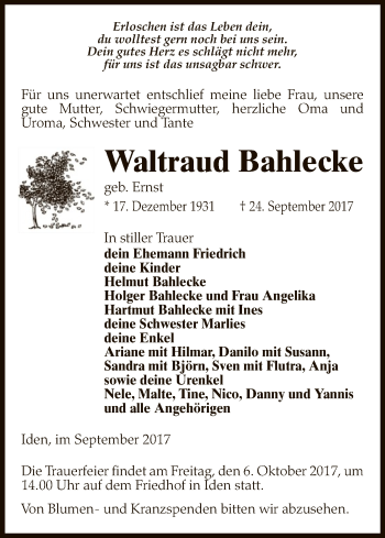 Traueranzeige von Waltraud Bahlecke von Uelzen