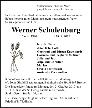 Traueranzeige von Werner Schulenburg von Uelzen