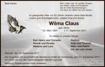 Traueranzeige von Wilma Claus von Uelzen