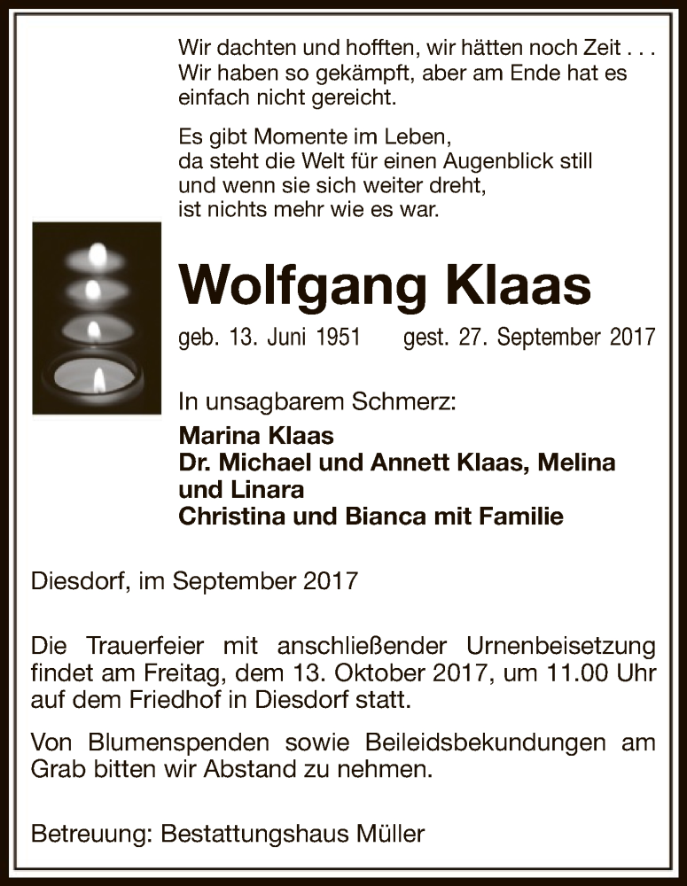  Traueranzeige für Wolfgang Klaas vom 30.09.2017 aus Uelzen