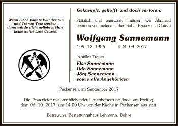 Traueranzeige von Wolfgang Sannemann von Uelzen