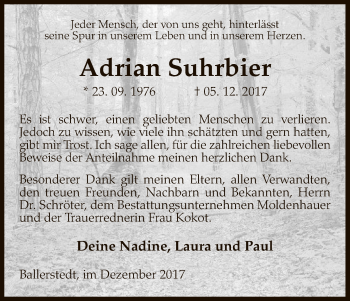 Traueranzeige von Adrian Suhrbier von Uelzen