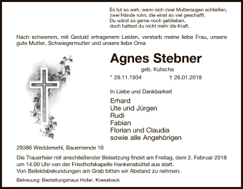 Traueranzeige von Agnes Stebner von Uelzen