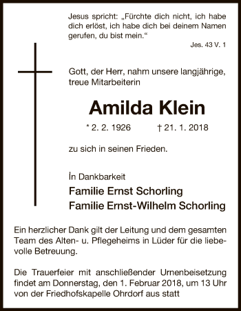 Traueranzeige von Amilda Klein von Uelzen