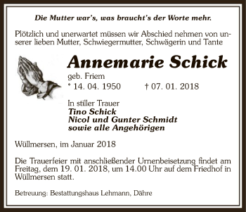 Traueranzeige von Annemarie Schick von Uelzen