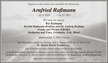 Traueranzeige von Arnfried Raßmann von Uelzen