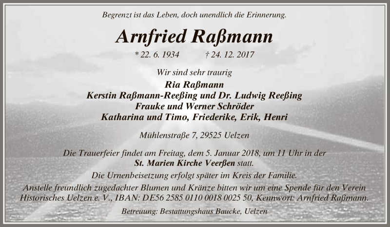  Traueranzeige für Arnfried Raßmann vom 30.12.2017 aus Uelzen