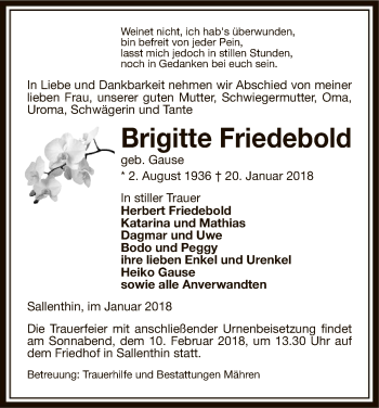 Traueranzeige von Brigitte Friedebold von Uelzen