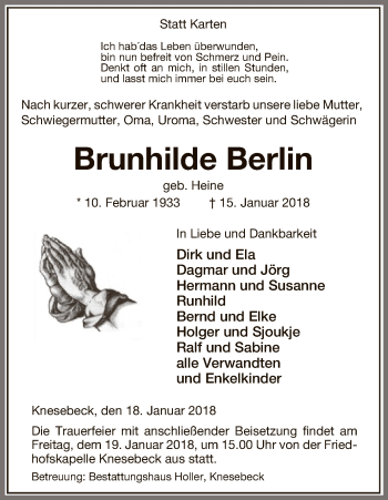 Traueranzeige von Brunhilde Berlin von Uelzen